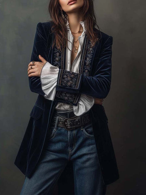 Athénaïs Navy Vintage Embroidered Long Jacket