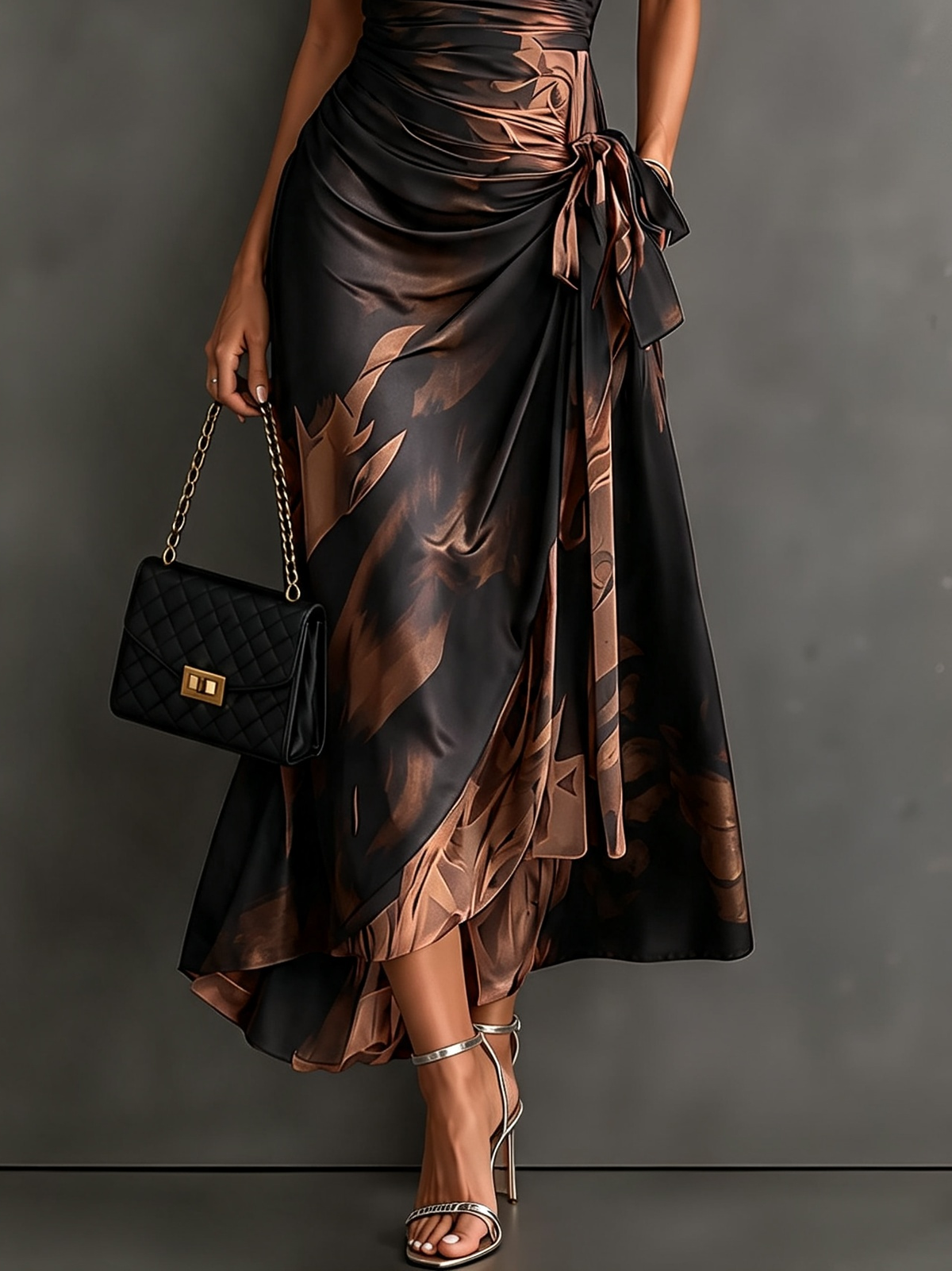 Brown & Black Abstract Print Wrap Midi Dress