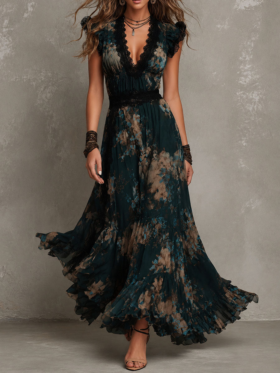 Gillian Dark Floral Ruffle Maxi Dress