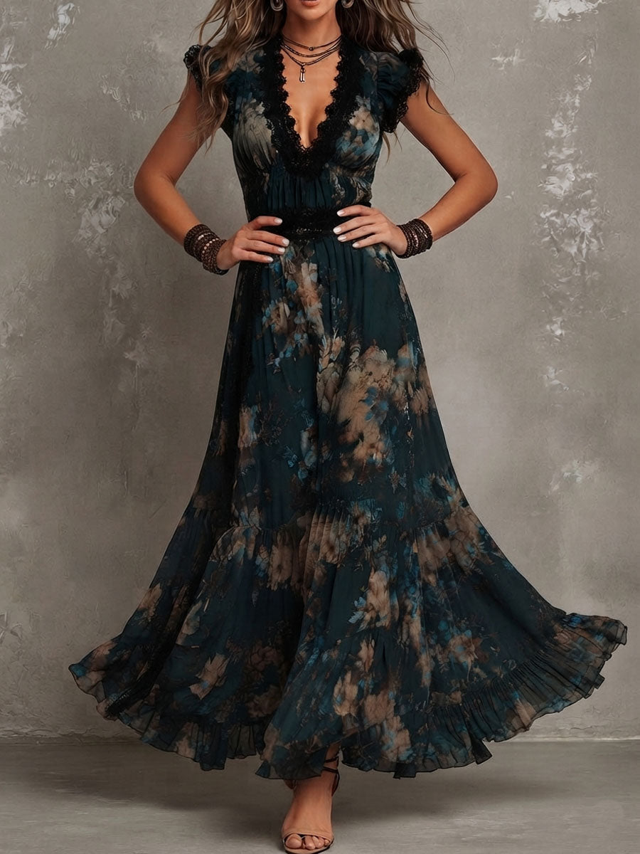Gillian Dark Floral Ruffle Maxi Dress
