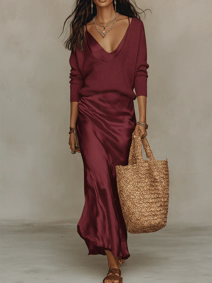Elena Satin Midi Dress with Matching Jumper