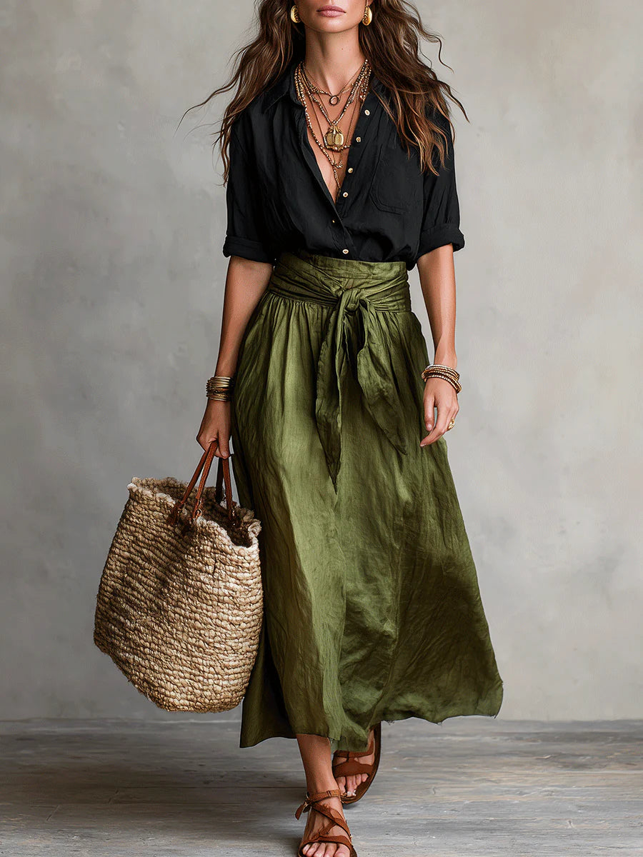 Vera Two-Piece Set Black Top and Olive Midi Skirt