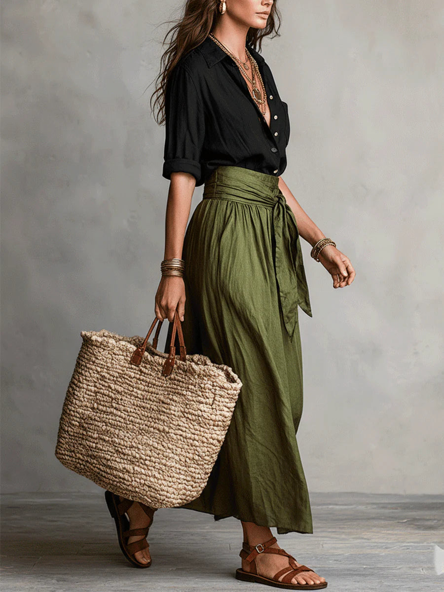 Vera Two-Piece Set Black Top and Olive Midi Skirt