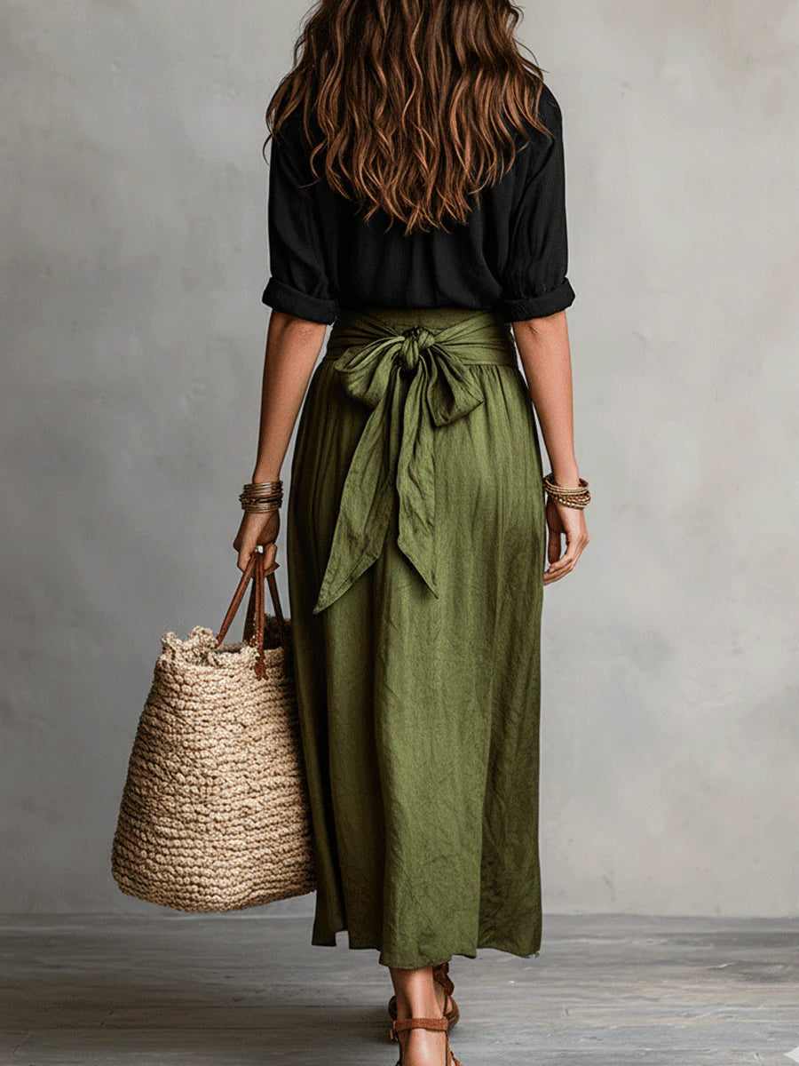 Vera Two-Piece Set Black Top and Olive Midi Skirt