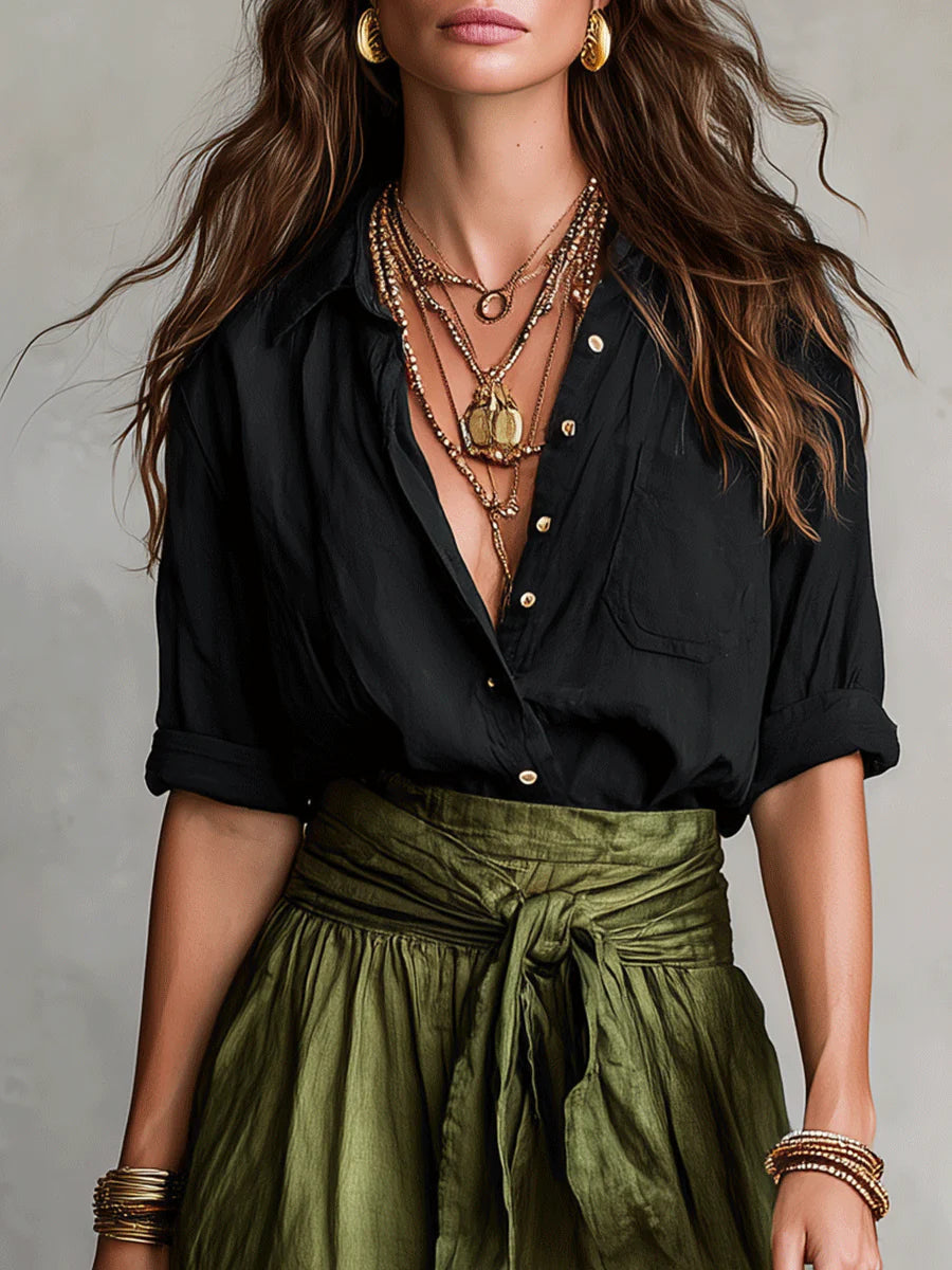 Vera Two-Piece Set Black Top and Olive Midi Skirt
