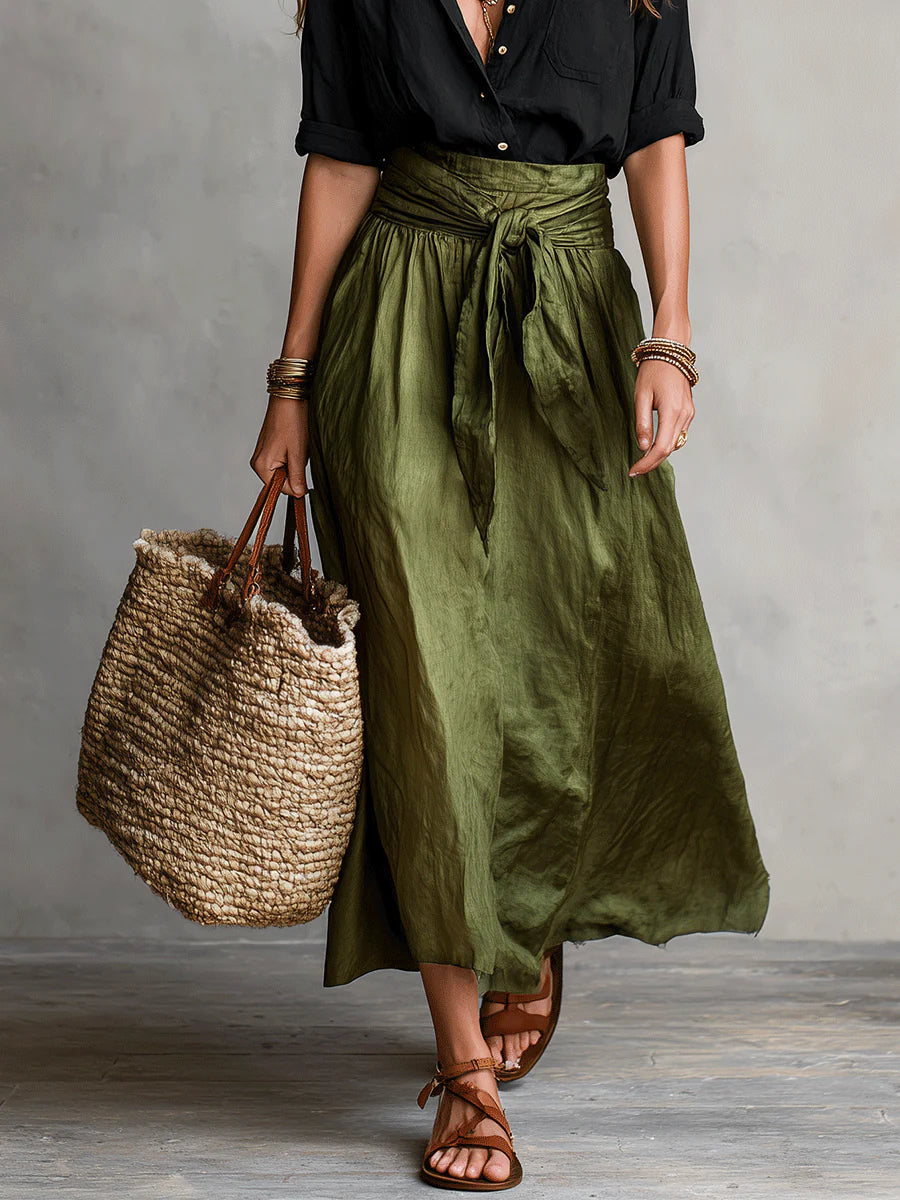 Vera Two-Piece Set Black Top and Olive Midi Skirt