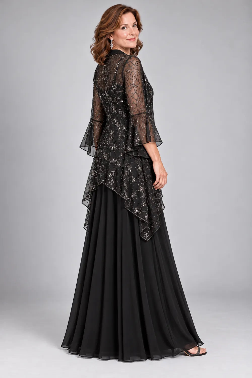 Black Lace-Bodice Gown with Waterfall Lace Jacket