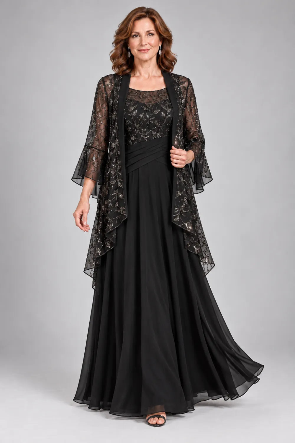 Black Lace-Bodice Gown with Waterfall Lace Jacket