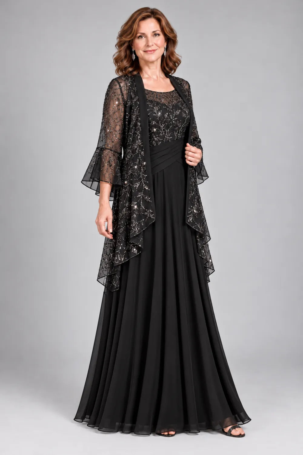 Black Lace-Bodice Gown with Waterfall Lace Jacket