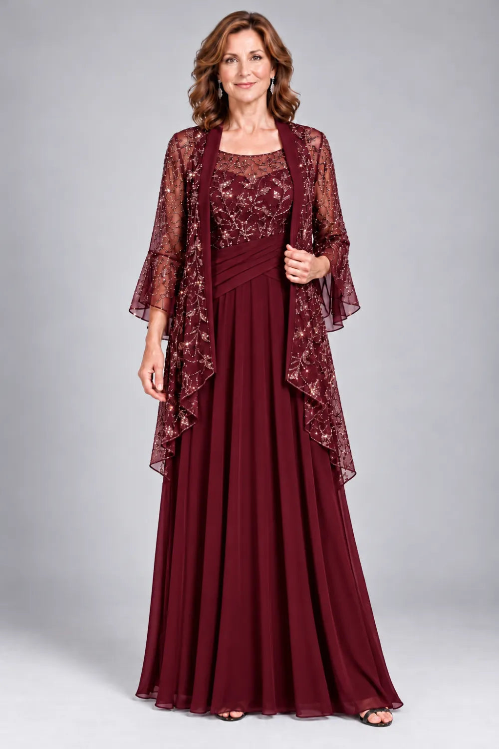 Black Lace-Bodice Gown with Waterfall Lace Jacket
