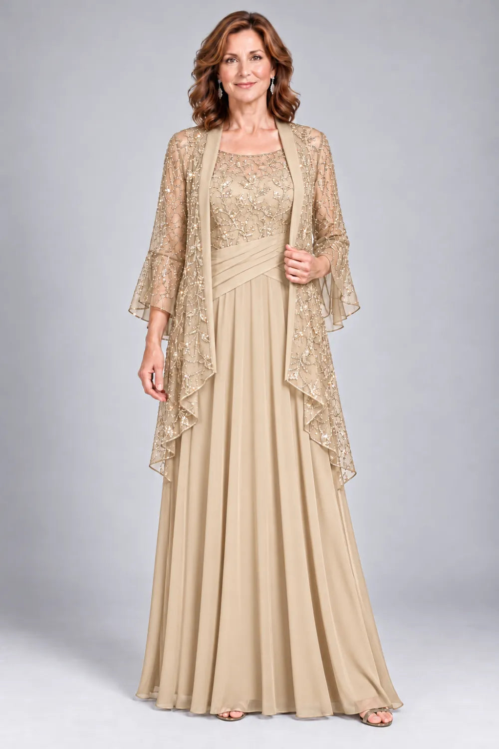 Black Lace-Bodice Gown with Waterfall Lace Jacket
