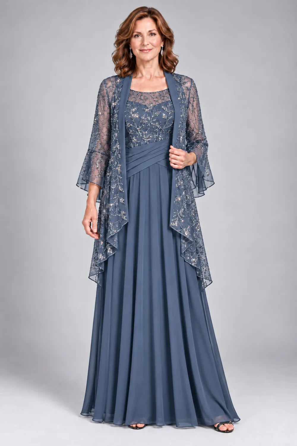 Black Lace-Bodice Gown with Waterfall Lace Jacket