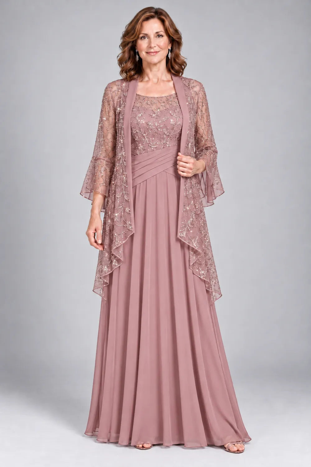 Black Lace-Bodice Gown with Waterfall Lace Jacket