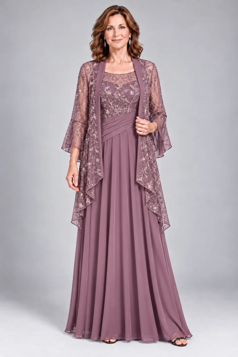 Black Lace-Bodice Gown with Waterfall Lace Jacket
