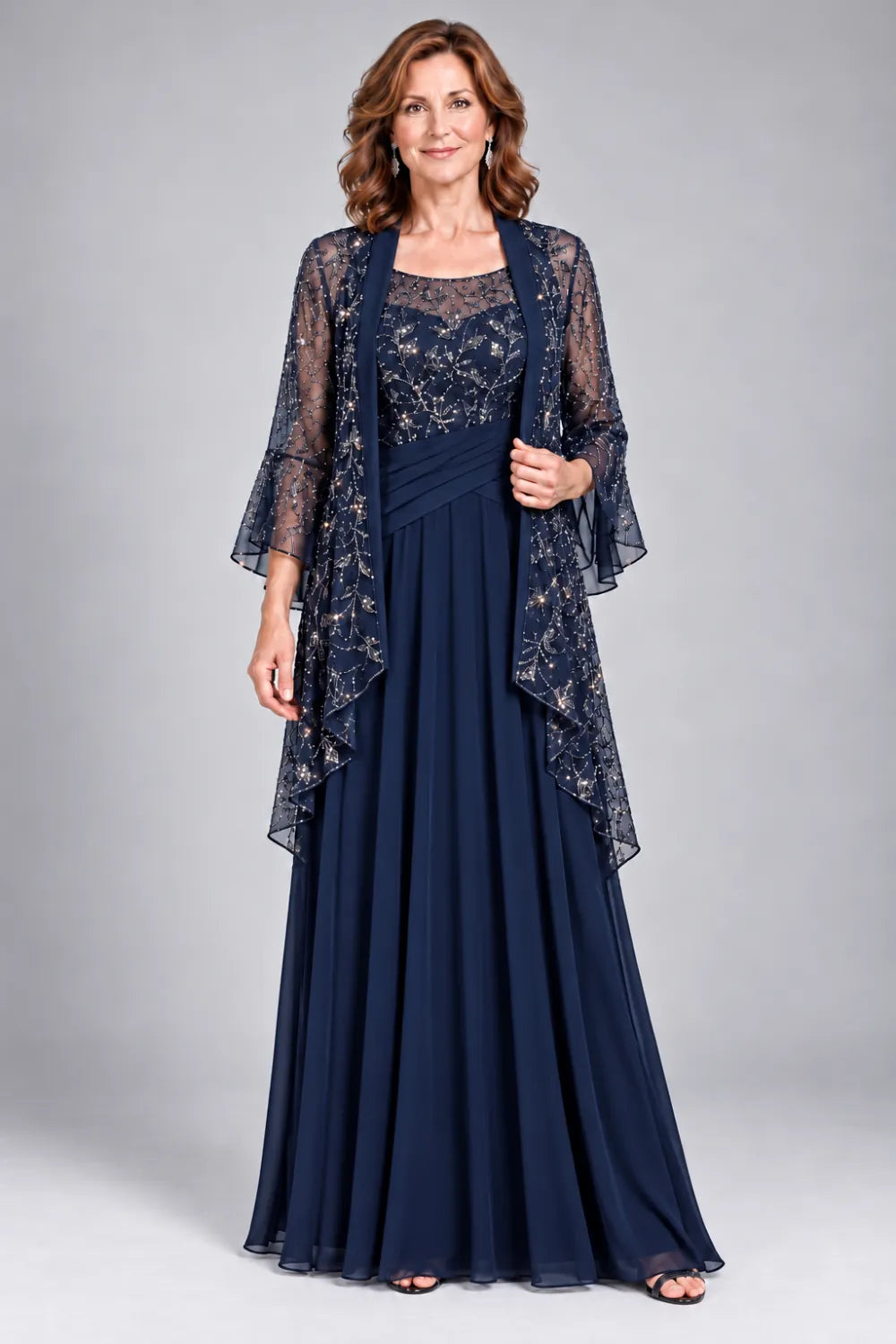 Black Lace-Bodice Gown with Waterfall Lace Jacket