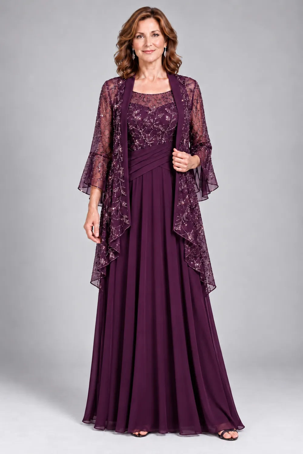 Black Lace-Bodice Gown with Waterfall Lace Jacket