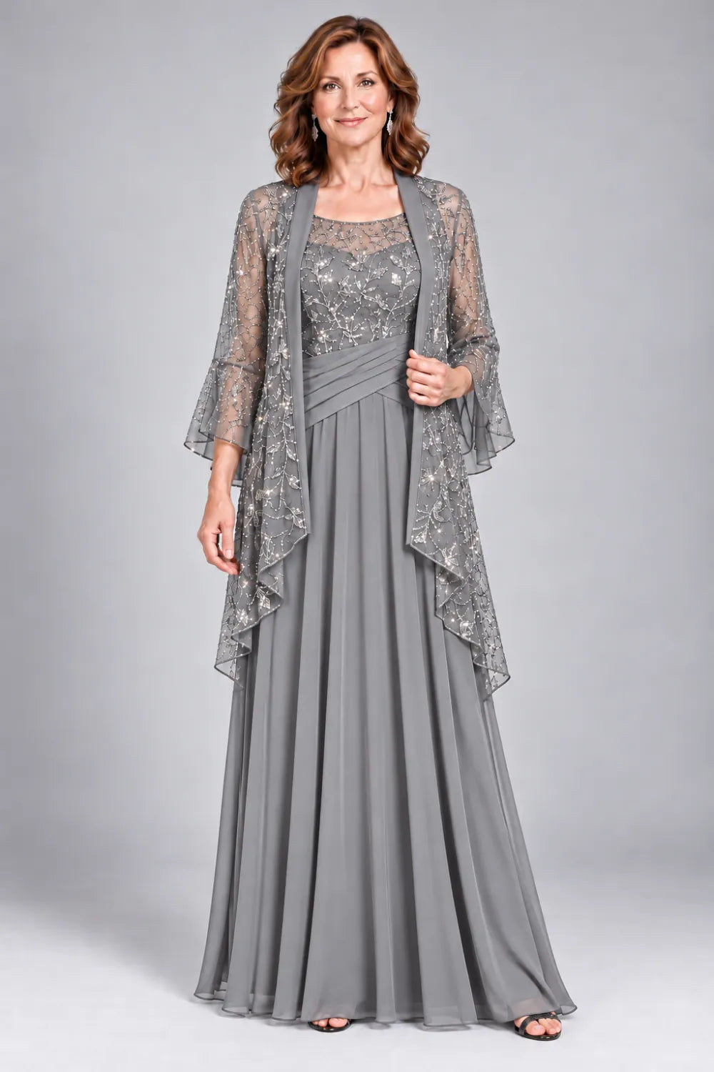 Black Lace-Bodice Gown with Waterfall Lace Jacket