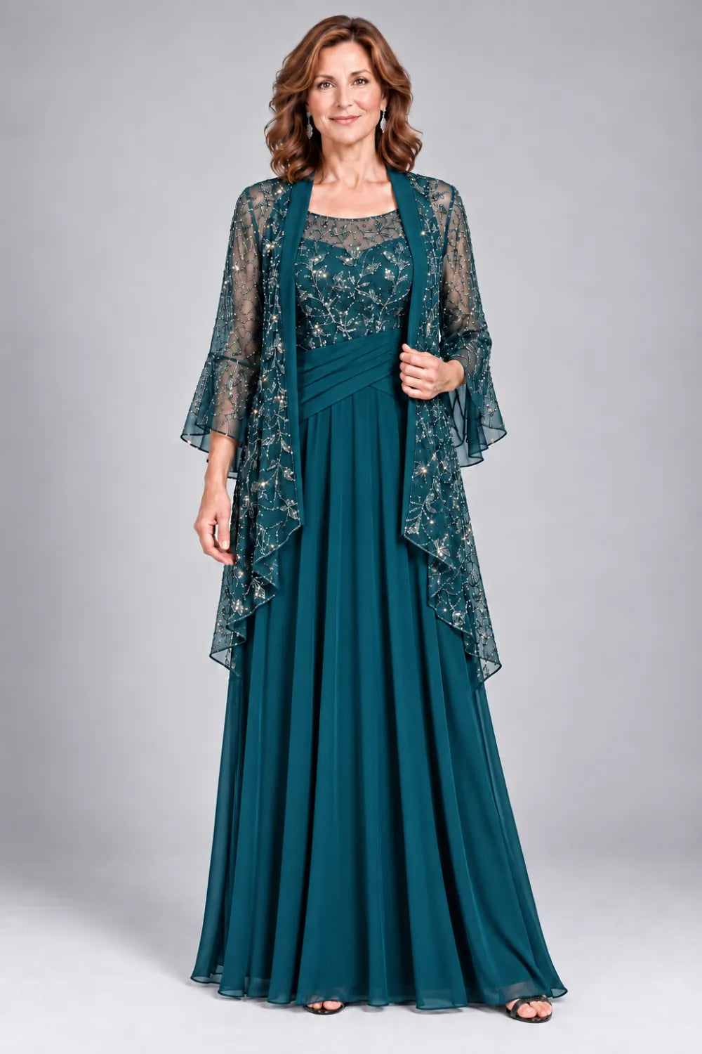Black Lace-Bodice Gown with Waterfall Lace Jacket