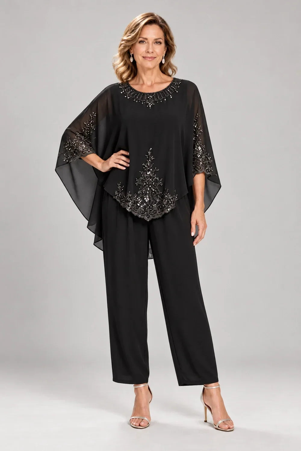 Beaded-Lace Cape-Sleeve Chiffon Pant Suit