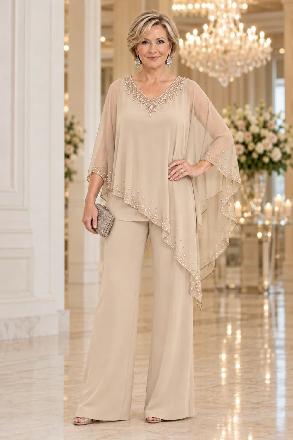 Taupe Beaded V-Neck Pant Suit with Waterfall Cape