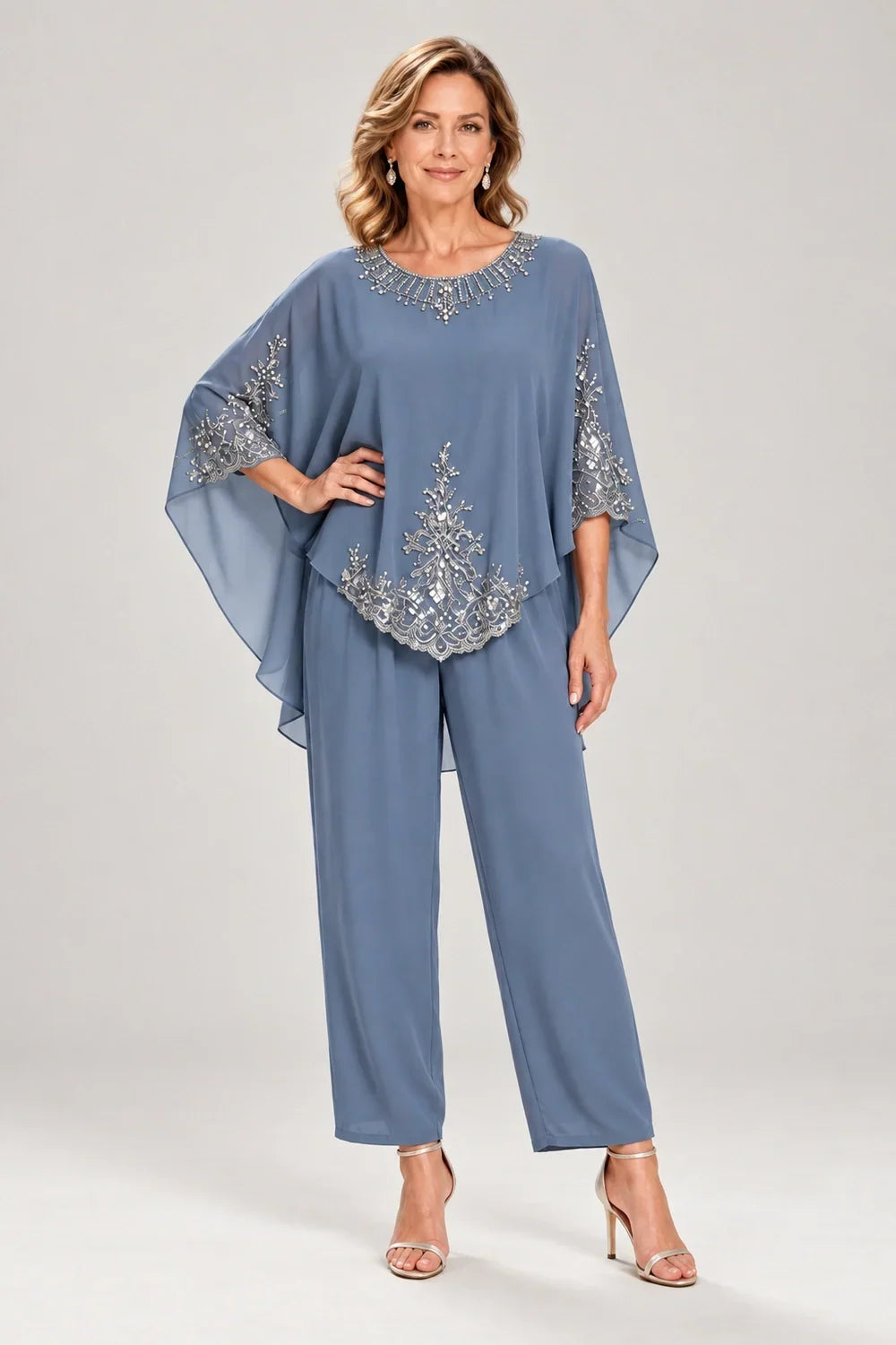 Beaded-Lace Cape-Sleeve Chiffon Pant Suit