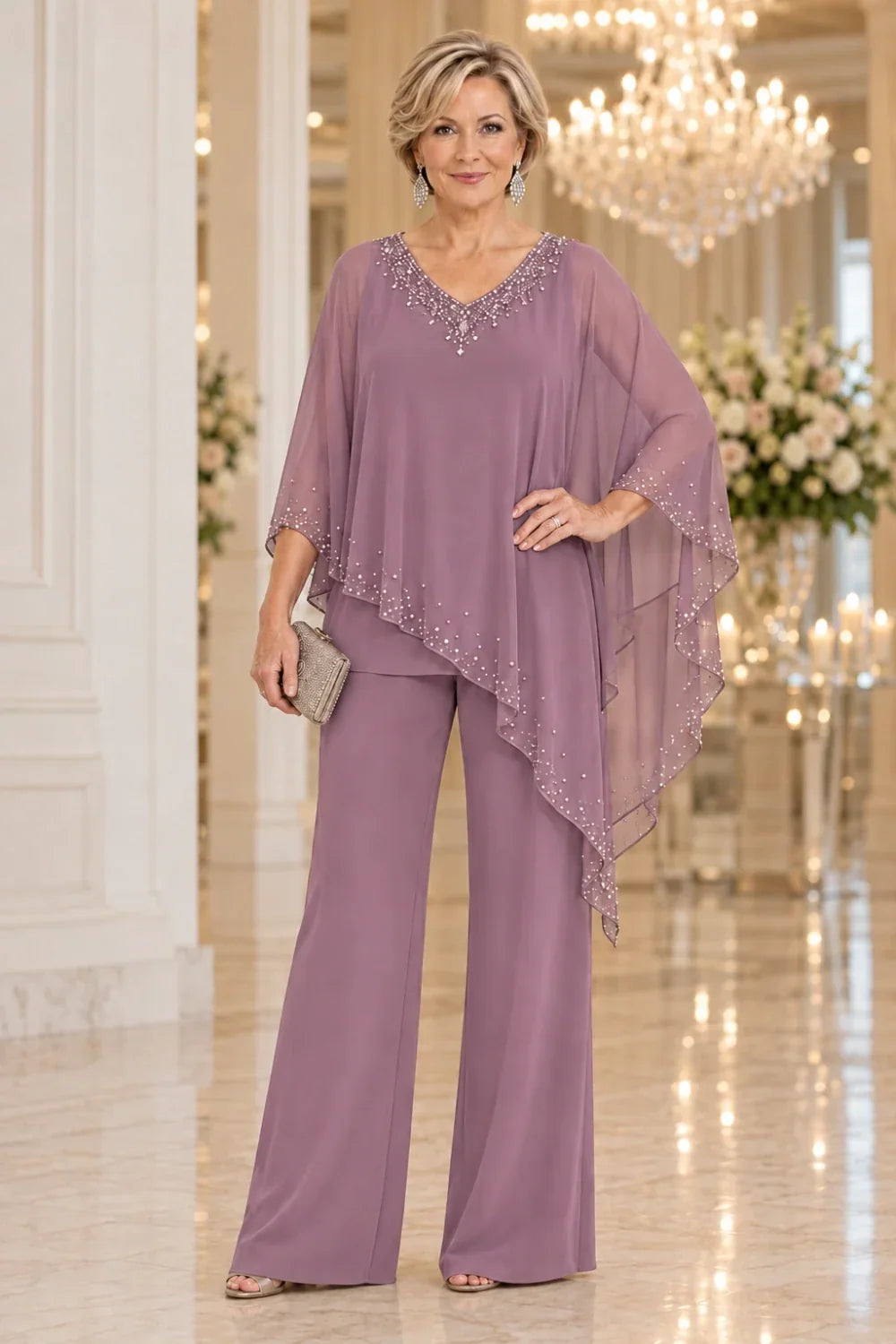 Taupe Beaded V-Neck Pant Suit with Waterfall Cape