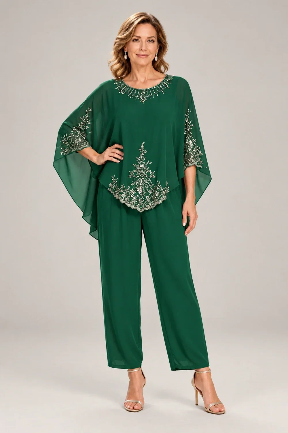 Beaded-Lace Cape-Sleeve Chiffon Pant Suit