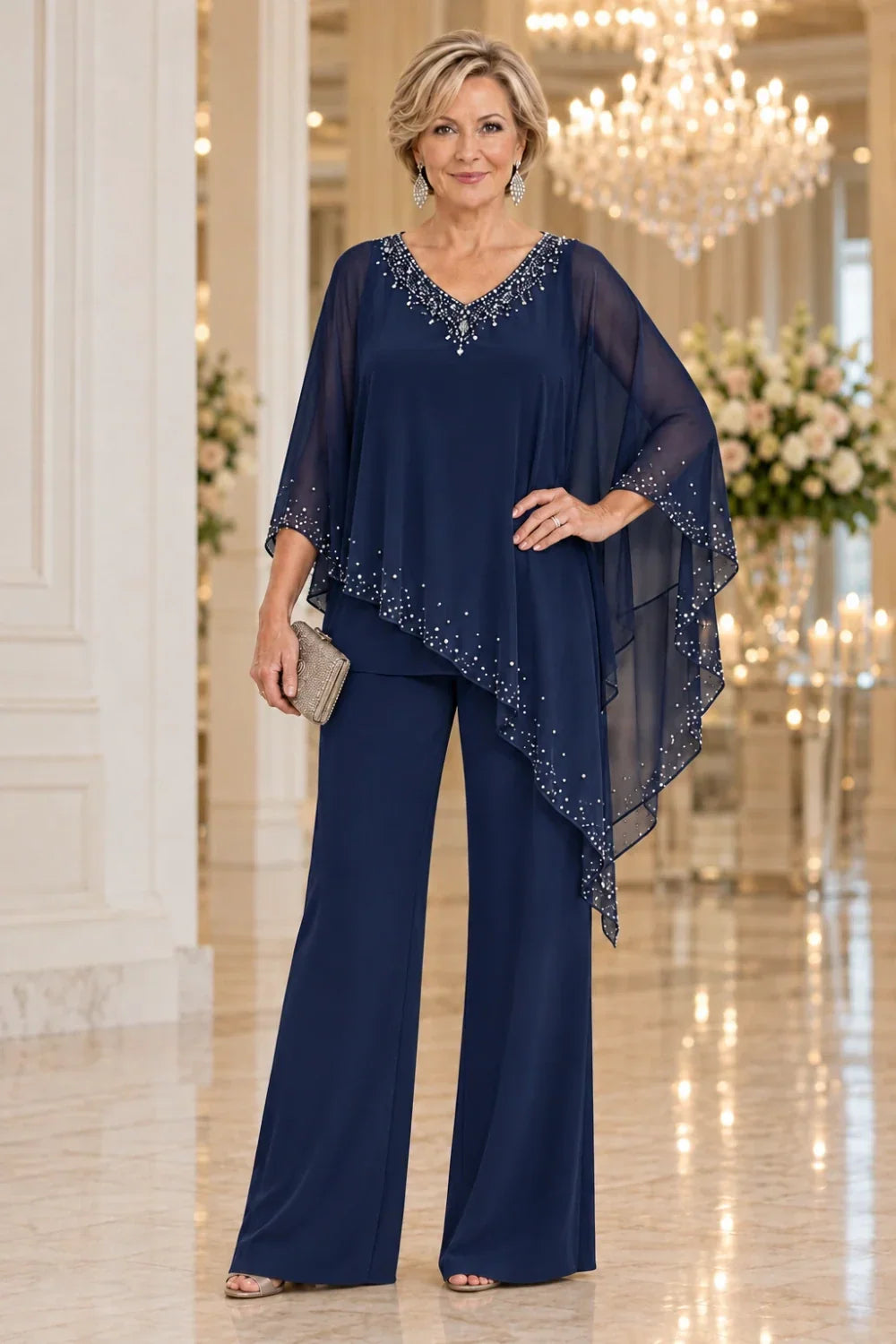 Taupe Beaded V-Neck Pant Suit with Waterfall Cape