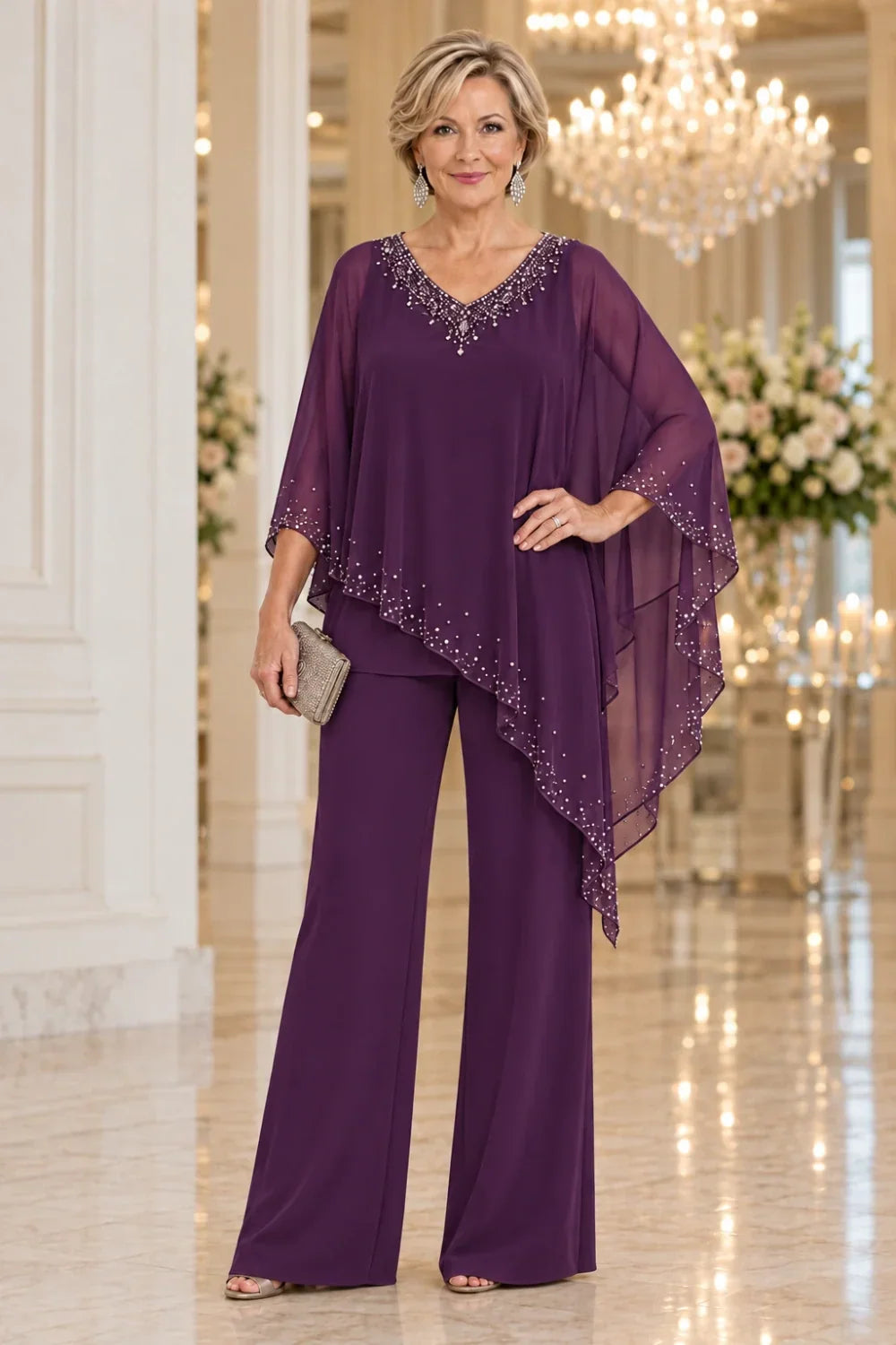 Taupe Beaded V-Neck Pant Suit with Waterfall Cape