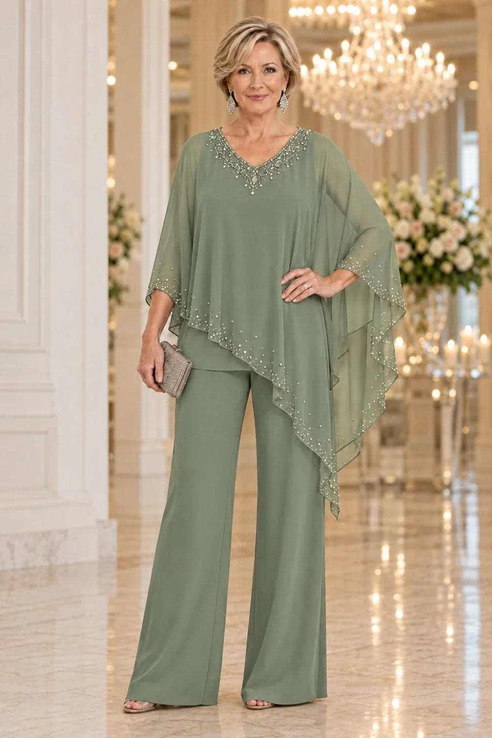 Taupe Beaded V-Neck Pant Suit with Waterfall Cape