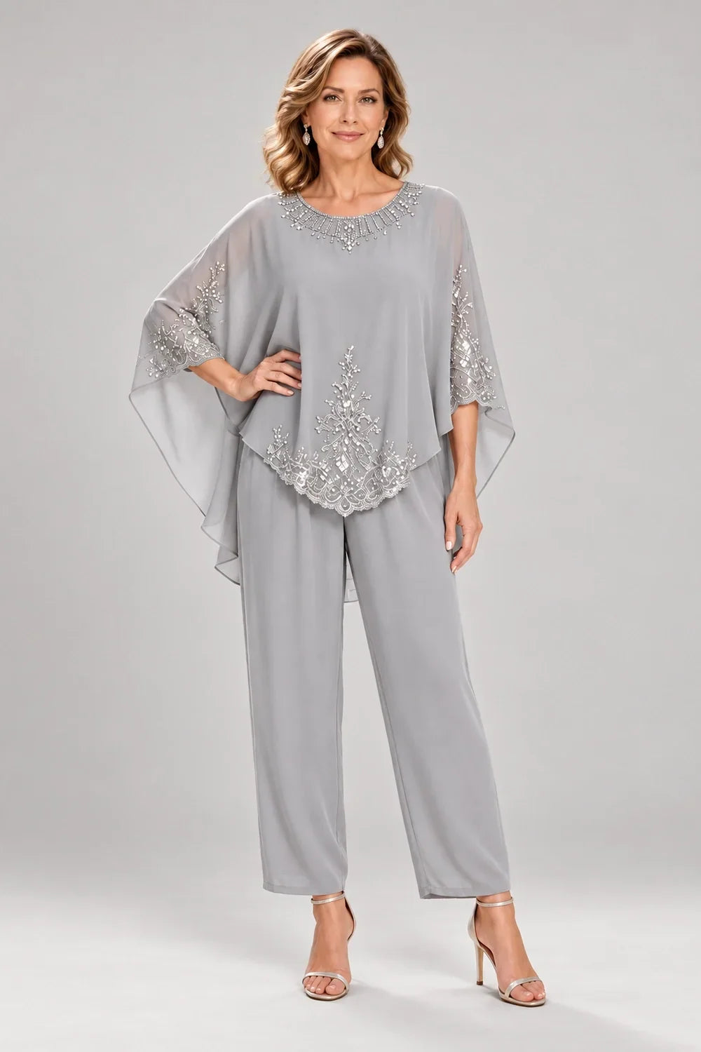 Beaded-Lace Cape-Sleeve Chiffon Pant Suit