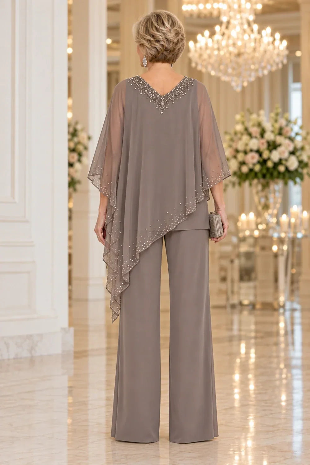Taupe Beaded V-Neck Pant Suit with Waterfall Cape