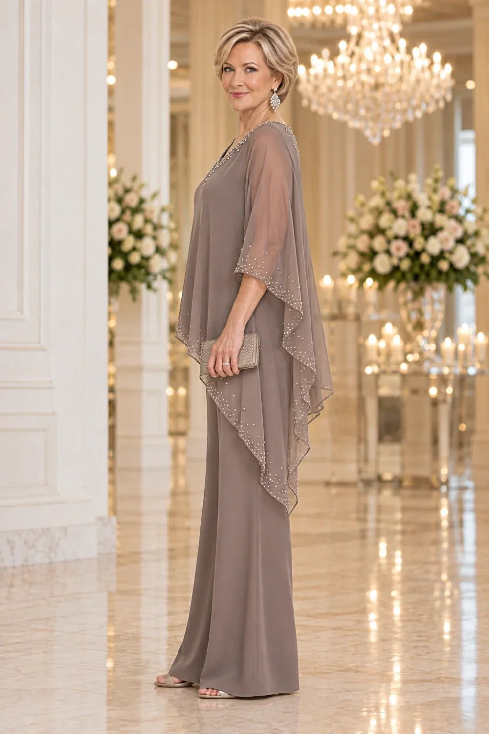 Taupe Beaded V-Neck Pant Suit with Waterfall Cape