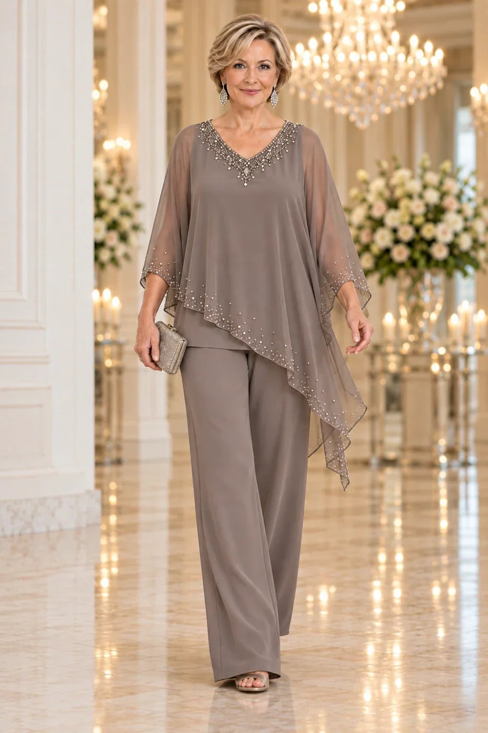 Taupe Beaded V-Neck Pant Suit with Waterfall Cape