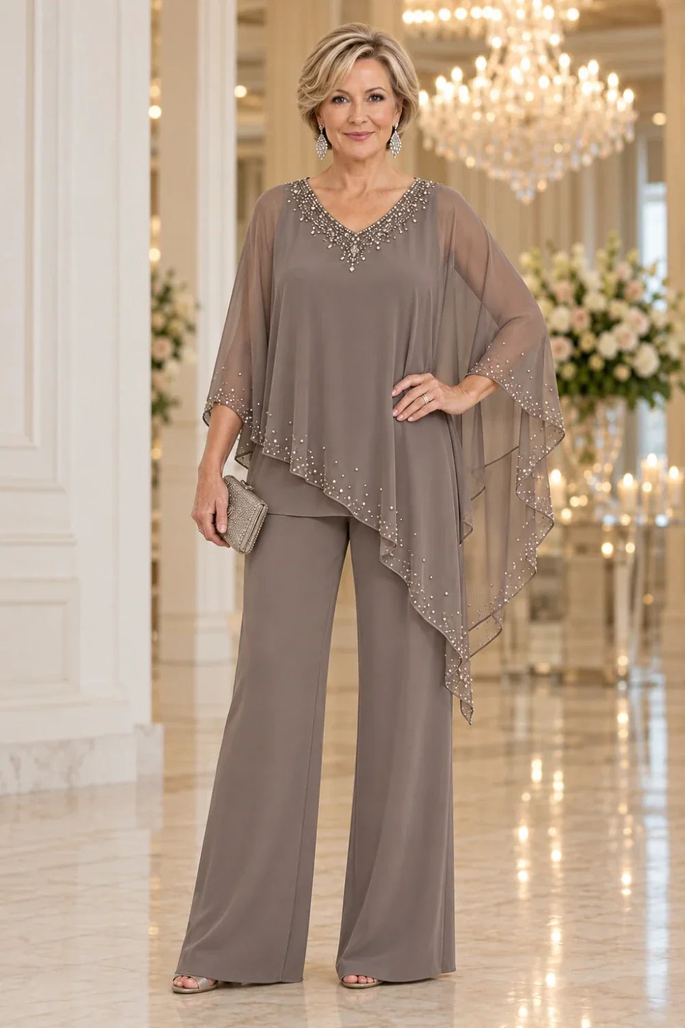 Taupe Beaded V-Neck Pant Suit with Waterfall Cape