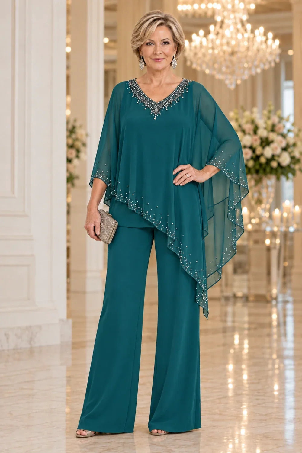 Taupe Beaded V-Neck Pant Suit with Waterfall Cape