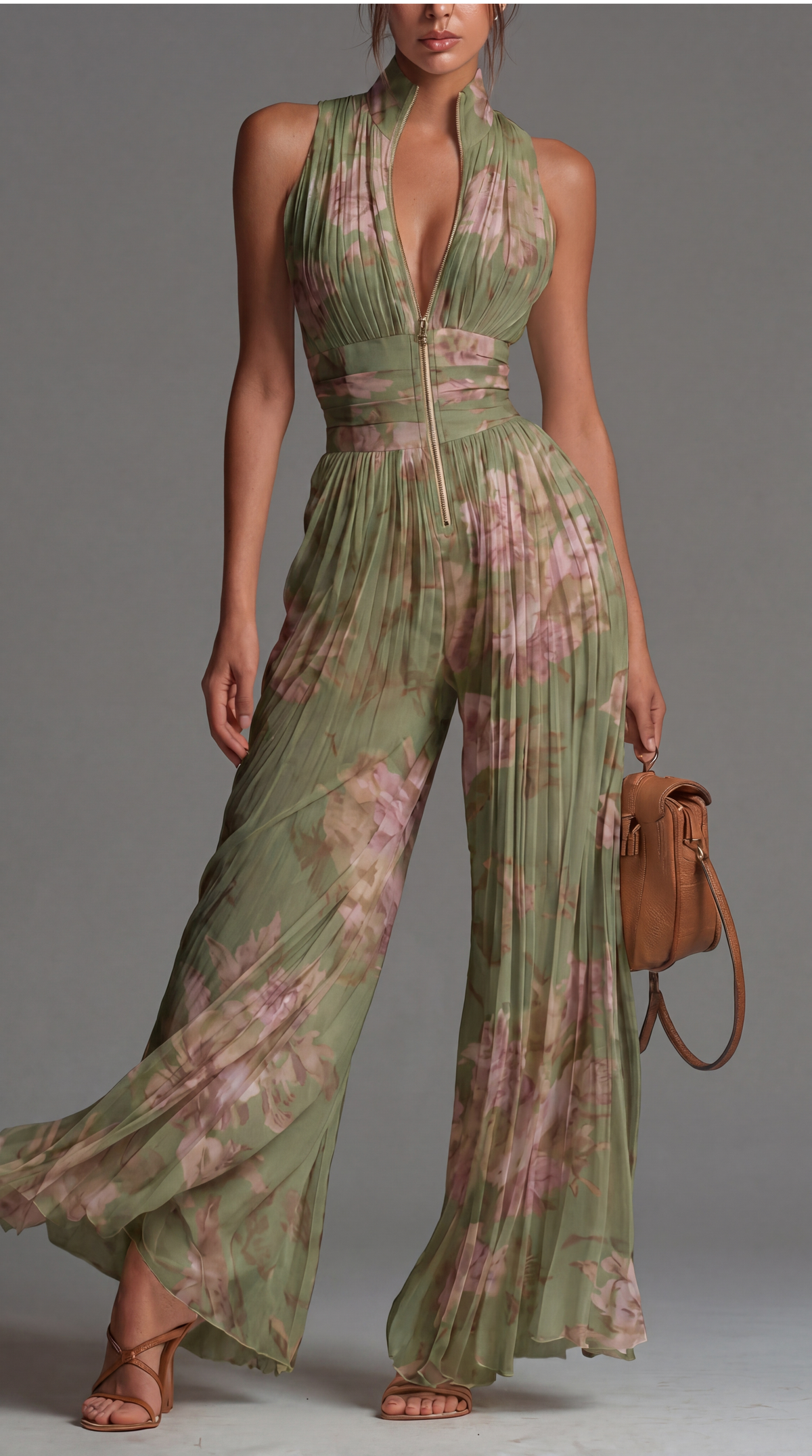 Essentiel Pleated Floral Chiffon Jumpsuit