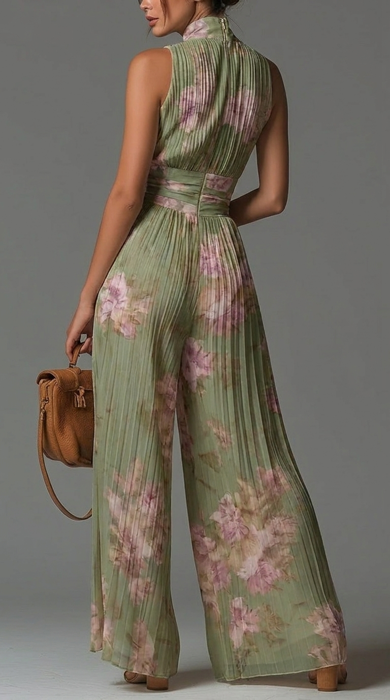 Essentiel Pleated Floral Chiffon Jumpsuit