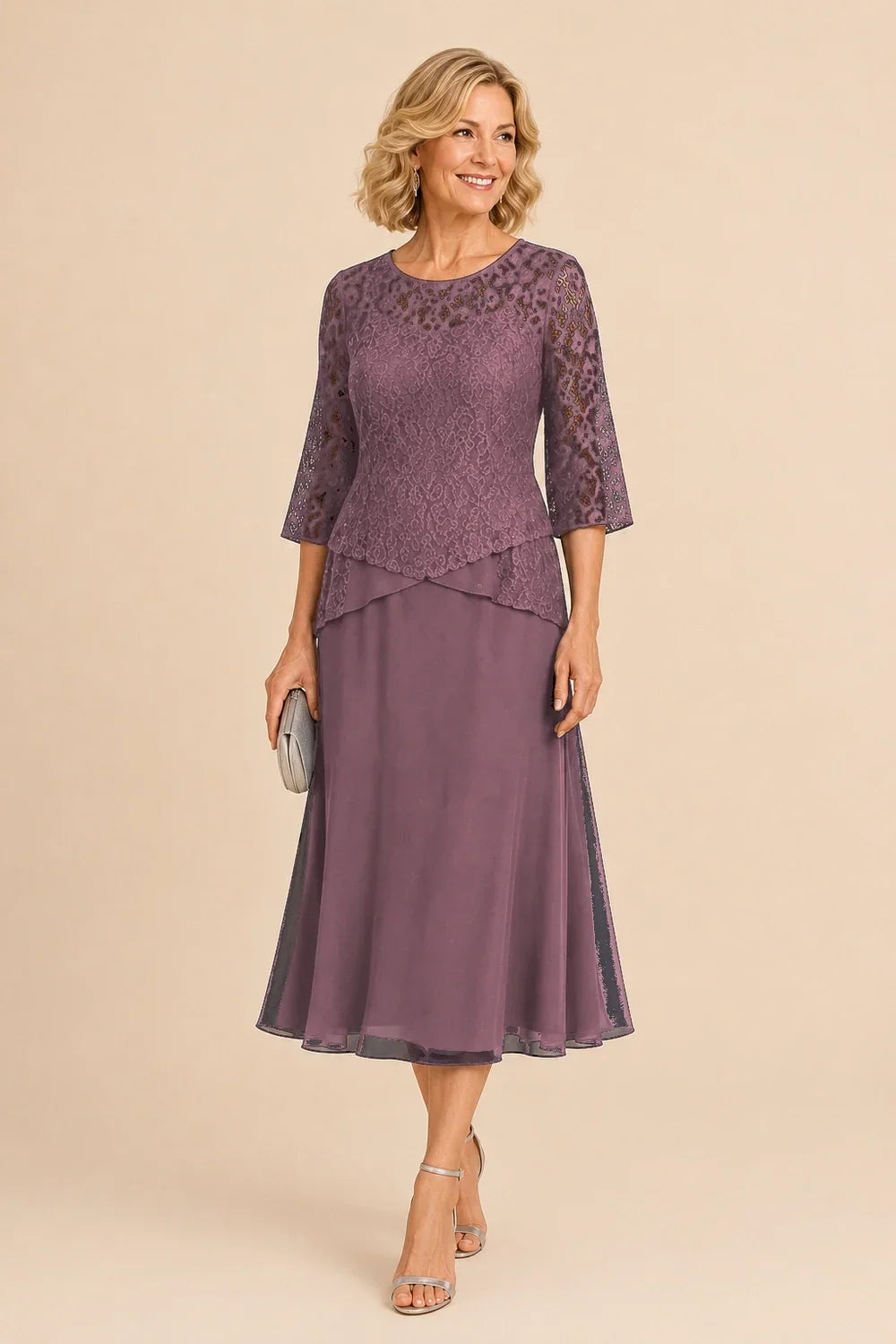 Beaded Lace Asymmetric Tea-Length Chiffon Dress