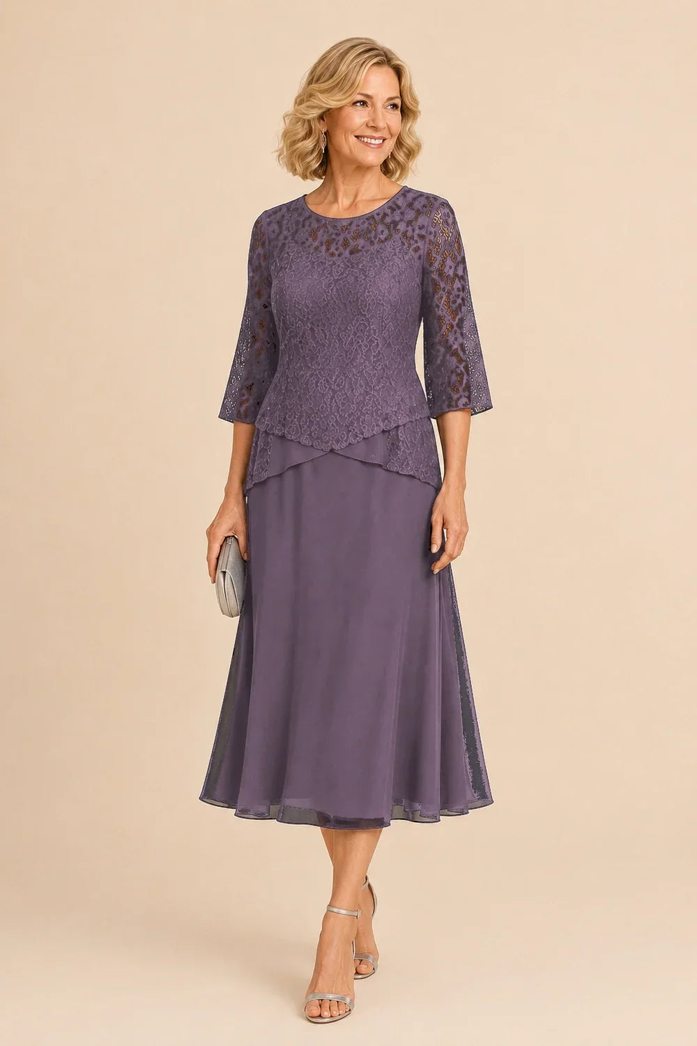 Beaded Lace Asymmetric Tea-Length Chiffon Dress