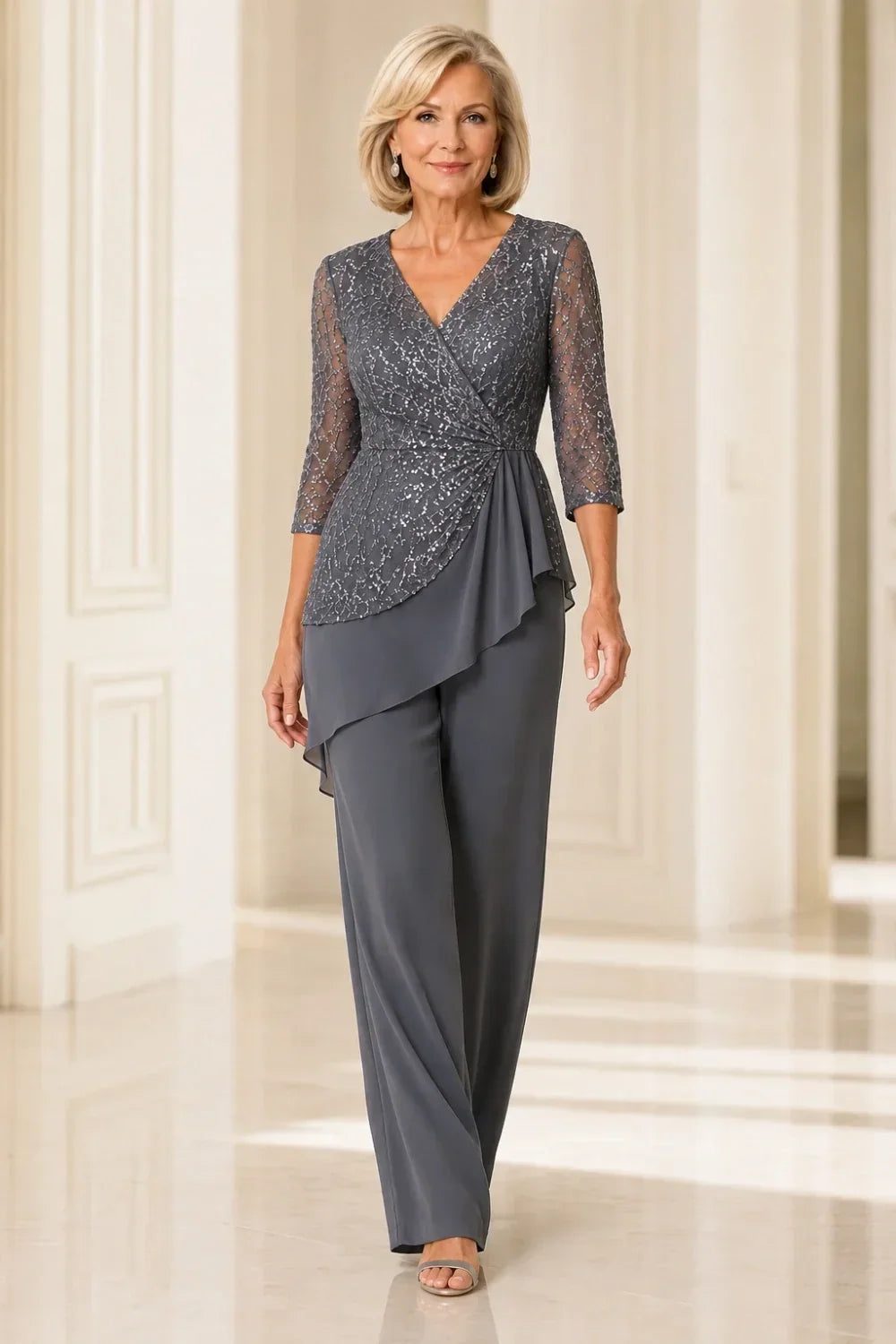 Beaded Lace Chiffon Pant Suit with Sheer Sleeves