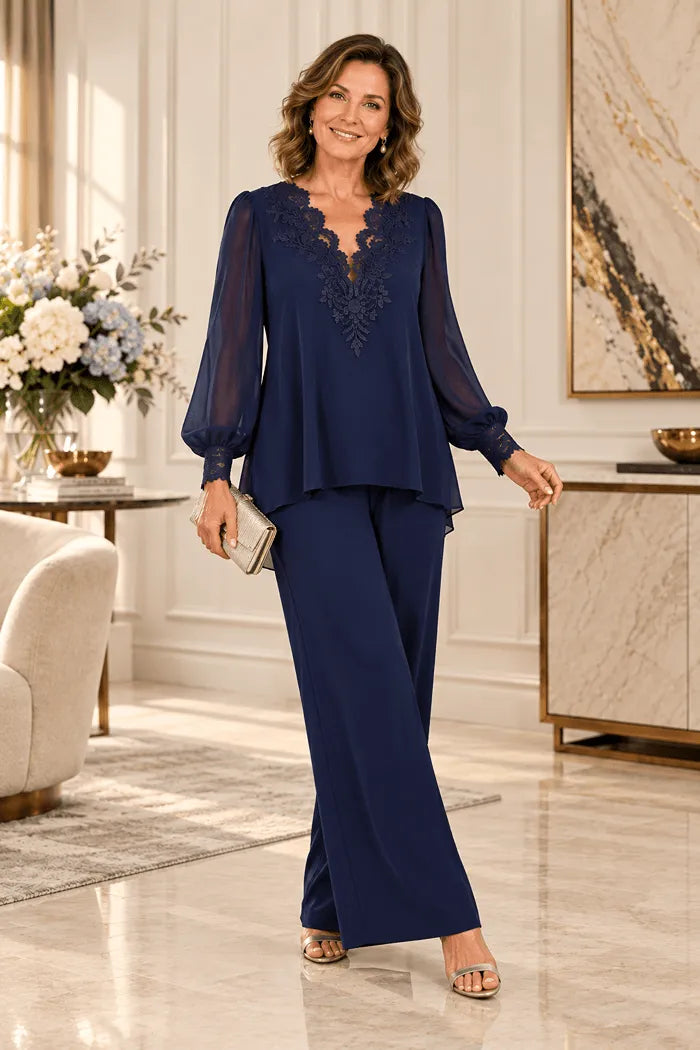 V-Neck Layered Chiffon Pant Suit with Wide-Leg Pants