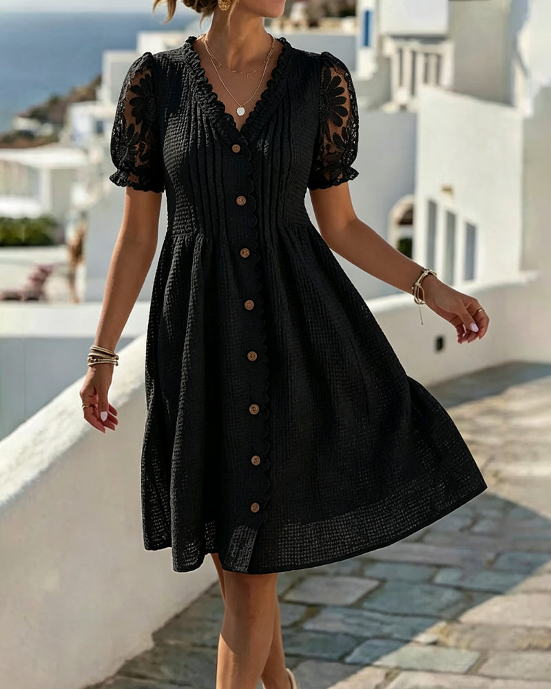 Women's V-Neck Balloon Sleeve Lace Button Front Midi Summer Dress
