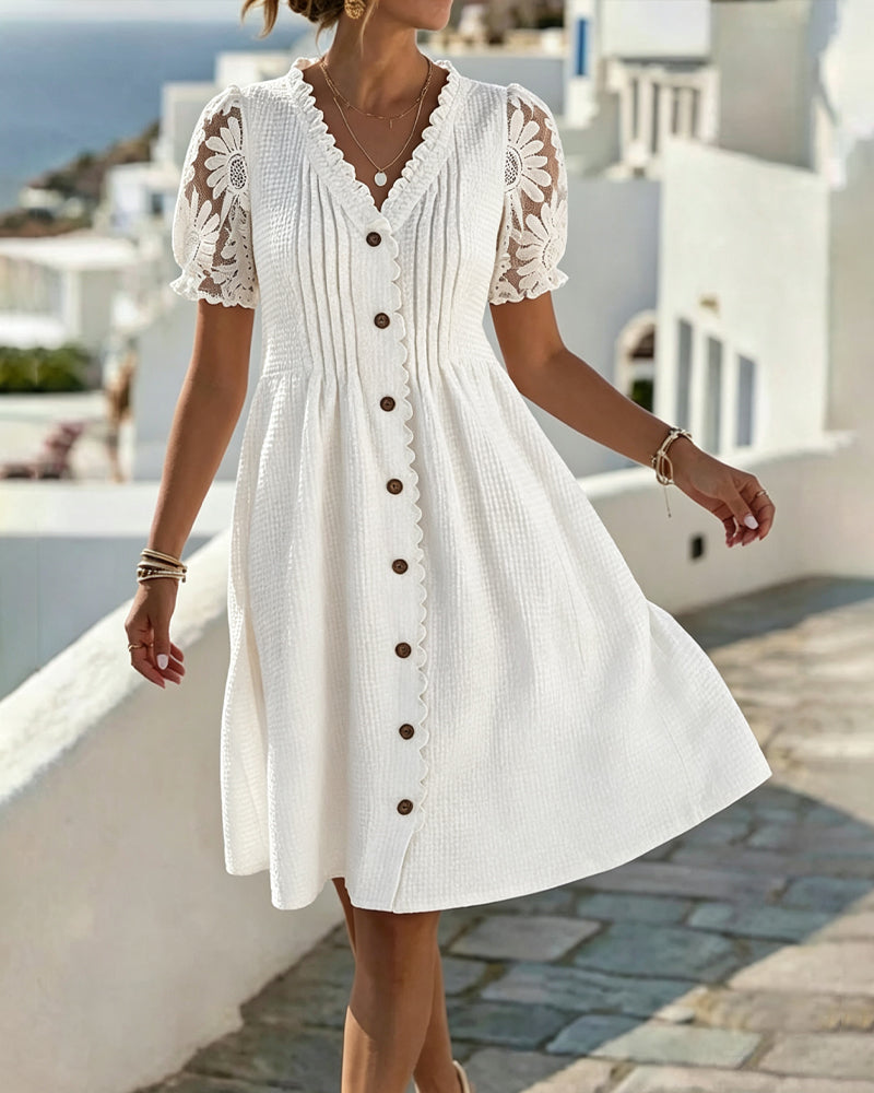 Women's V-Neck Balloon Sleeve Lace Button Front Midi Summer Dress