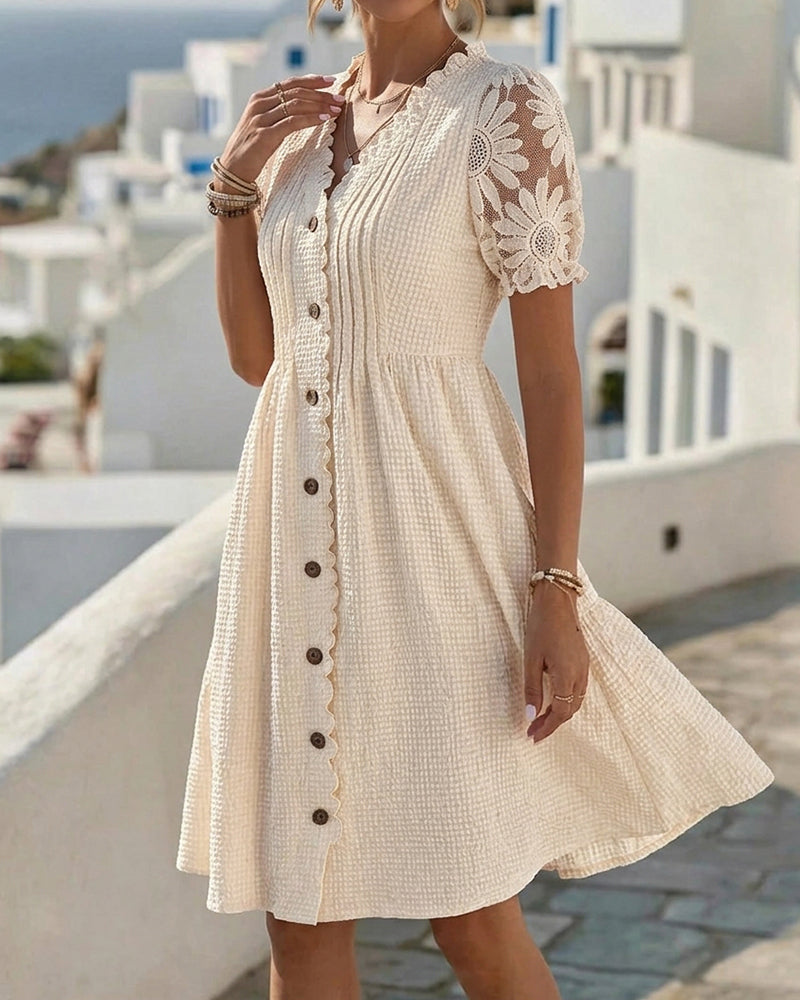 Women's V-Neck Balloon Sleeve Lace Button Front Midi Summer Dress