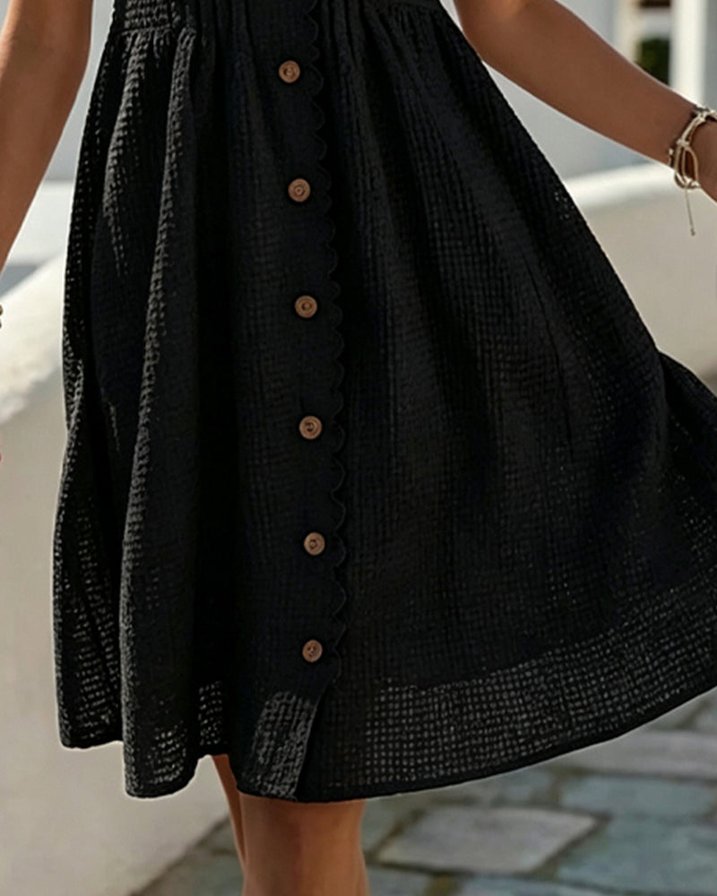 Women's V-Neck Balloon Sleeve Lace Button Front Midi Summer Dress